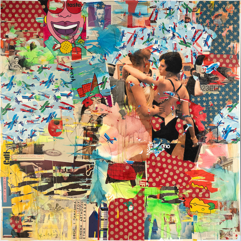 "Orpheus and Eurydice", 150x150cm, painting and collage on canvas, 2023